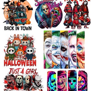 May include: A collection of horror-themed graphic designs featuring iconic characters like Jason, Freddy, and the Joker. The images include text such as THE BOYS ARE BACK IN TOWN, KILLER SUMMER VIBES, THUG LIFE, HALLOWEEN, and JUST A GIRL WHO LOVES HORROR MOVIES.