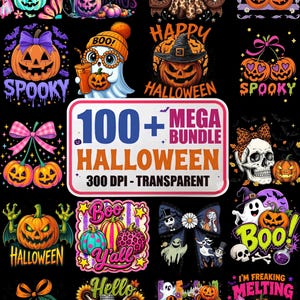 Könnte beinhalten: Eine digitale Sammlung von Halloween-Grafikdesigns mit Kürbissen, Geistern, Totenköpfen und festlichem Text. Das zentrale Etikett trägt die Aufschrift 100+ MEGA BUNDLE HALLOWEEN 300 DPI - TRANSPARENT und zeigt bunte Illustrationen auf schwarzem Grund.