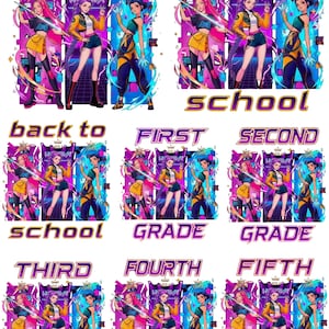 Paquete de imágenes PNG de Kpop Demon Hunter para la vuelta al cole, PNG para jardín de infancia, PNG para preescolar, 1.º, 2.º, 3.º, 4.º y 5.º grado, PNG para el primer día de clase, descarga digital