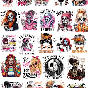 May include: A collection of twenty digital illustrations featuring skeletons, stylized characters, and festive motifs with various phrases like Spooky Mama, Nightmare Before Coffee, and I Love You, rendered in vibrant colors and detailed graphic designs.