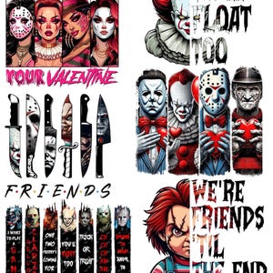 May include: A collection of horror-themed graphic designs featuring iconic movie characters, knives, and text including I'D KILL TO BE YOUR VALENTINE, YOU'LL FLOAT TOO, FRIENDS, and WE'RE FRIENDS 'TIL THE END, displayed in vibrant colors on a white background.