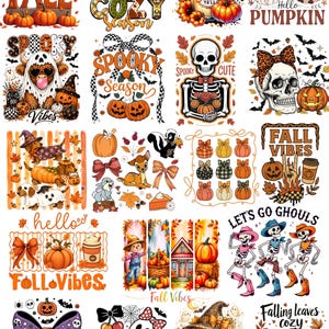May include: A collection of twenty digital illustrations featuring autumn and Halloween themes, including pumpkins, skeletons, ghosts, dachshunds, and fall foliage with text overlays like Hello Fall, Spooky Season, and Fall Vibes in various colors.