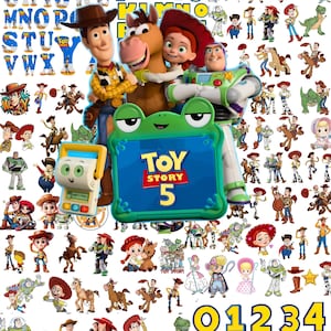 Könnte beinhalten: Eine Sammlung von Toy Story-Charakteraufklebern mit Woody, Jessie, Bullseye und Buzz Lightyear sowie einem grünen, froschförmigen Tablet mit dem Text Toy Story 5 und verschiedenen gelben und blauen Buchstaben und Zahlen.