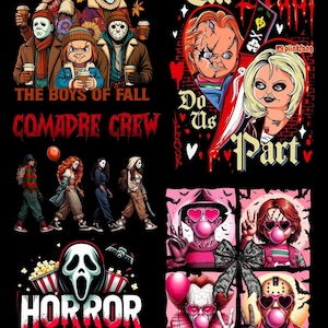 May include: A digital graphic design featuring multiple horror movie characters in various scenes, including text elements like THE BOYS OF FALL, COMADRE CREW, TILL DEATH DO US PART, and HORROR, set against a black background with vibrant red accents.