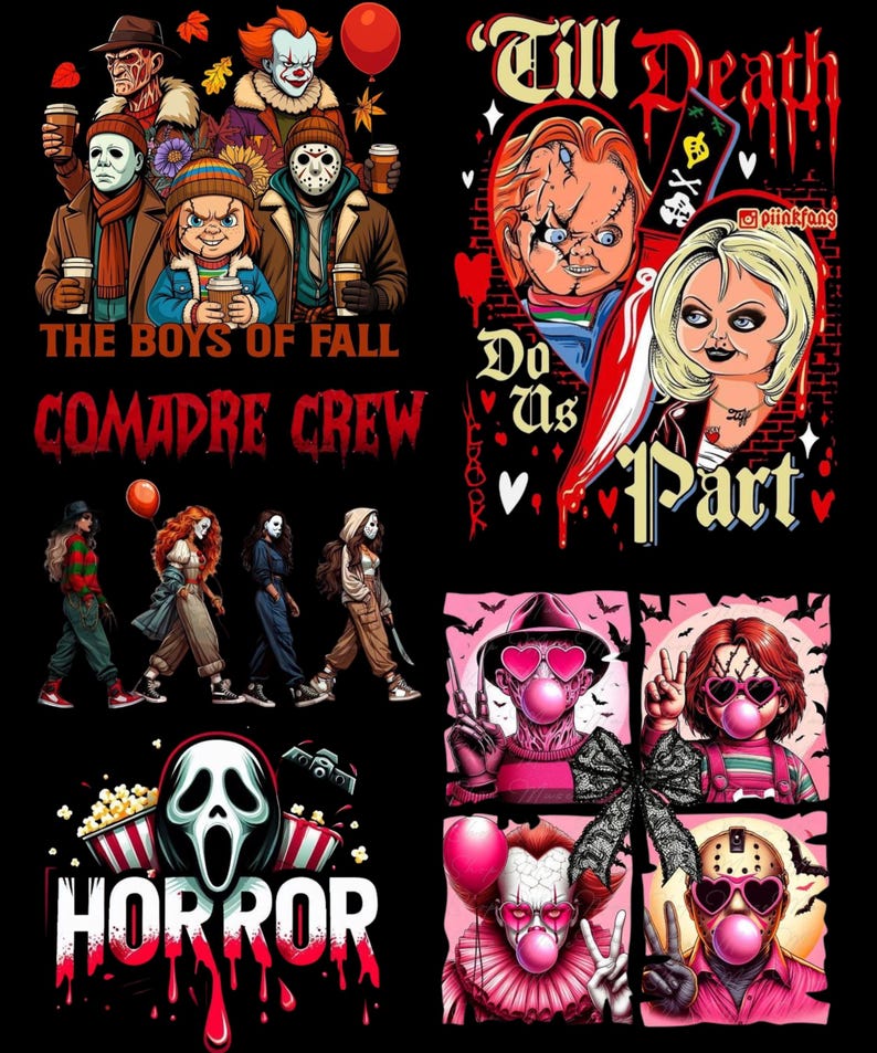 May include: A digital graphic design featuring multiple horror movie characters in various scenes, including text elements like THE BOYS OF FALL, COMADRE CREW, TILL DEATH DO US PART, and HORROR, set against a black background with vibrant red accents.