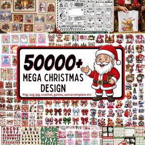 May include: A digital collection of over 50,000 Christmas-themed graphic designs, including vintage labels, holiday characters, festive bows, alphabet sets, and printable games, featuring a central illustration of Santa Claus.