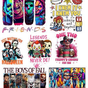May include: A collection of graphic designs featuring horror movie characters in various styles, including portraits, chibi figures, and stylized text such as "FRIENDS," "I KNEW IT I KNEW YOU," "JUST WAITING FOR HALLOWEEN," "LEGENDS NEVER DIE," and "THE BOYS OF FALL."