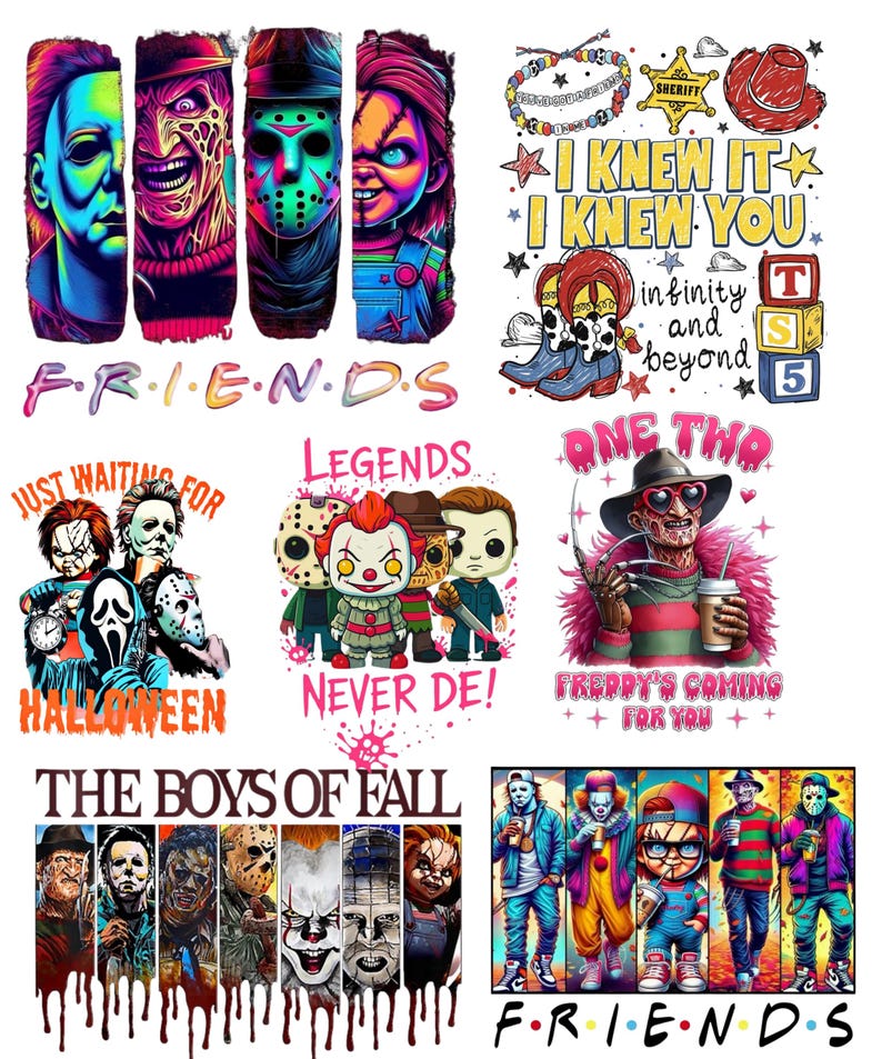 May include: A collection of graphic designs featuring horror movie characters in various styles, including portraits, chibi figures, and stylized text such as "FRIENDS," "I KNEW IT I KNEW YOU," "JUST WAITING FOR HALLOWEEN," "LEGENDS NEVER DIE," and "THE BOYS OF FALL."
