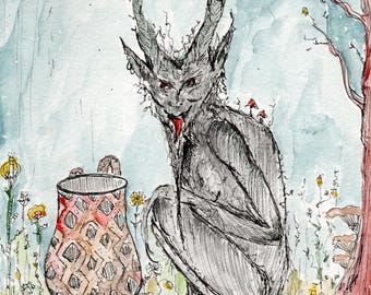 Krampus Hand-Signed Print- Watercolor & Ink