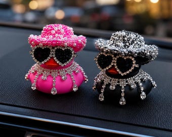 Bling Duck Car Ornament Set – Pink & Black Rhinestone Dashboard Ducks, Sparkly Car Accessories, Cute Car Decor, Duck Gift