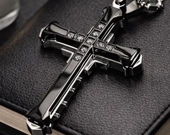 Black Stainless Steel Crystal Cross Necklace, Christian Religious Gift