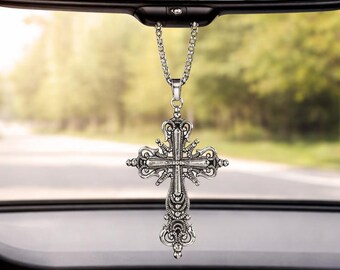 Colgante de plata con cruz gótica para coche – Decoración para el espejo retrovisor, collar con colgante cristiano, accesorio estético para el coche, regalo para él/ella.