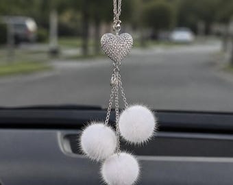 Fluffy Heart Car Hanging Charm – car mirror charm, rearview mirror accessory, pom pom car charm, aesthetic car decor, cute car hanging charm