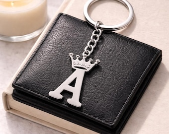 Personalized Crown Initial Keychain, Letter Keychain A-Z, Custom Name Keyring, Alphabet Charm, Cute Keychain Gift, Minimalist Keychain