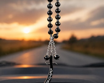 Black Bead Islamic Car Hanging Charm – Arabic Calligraphy Rearview Mirror Decor, Muslim Car Accessory, Tasbih Style Pendant
