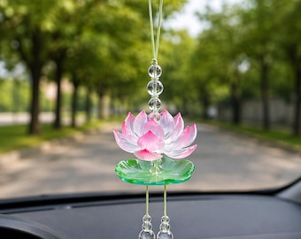 Lotus Flower Car Hanging Charm – Crystal Rearview Mirror Decor, Pink Suncatcher Ornament, Aesthetic Car Accessories, Spiritual Car Decor