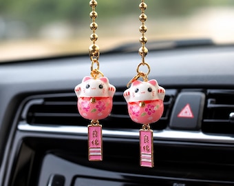 Ciondolo per specchietto retrovisore a forma di gatto portafortuna – ciondolo rosa da appendere all'auto, ciondolo per auto maneki neko, accessorio carino per specchietto retrovisore, ciondolo kawaii per specchietto retrovisore auto