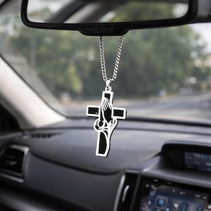 Praying Hands Cross Car Charm Silver Christian Rearview Mirror, Hanging Faith, Car Accessory, Religious Gift, car charm, rearview charm,