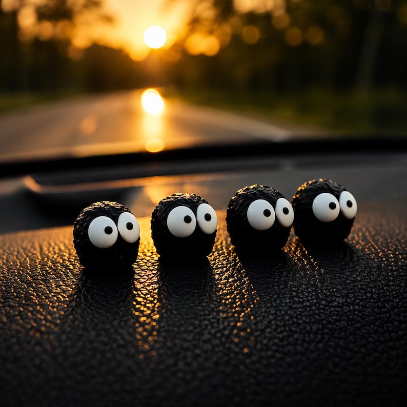 May include: Four small, black, spherical figures with large, white eyes are arranged in a row. The figures are on a textured, dark surface, with a blurred background of a road and a setting sun.