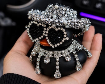 Black Bling Duck Car Ornament – Rhinestone Dashboard Figurine, Sparkly Car Accessory, Luxury Interior Decor, Cute Car Gift