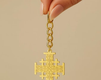 Jerusalem Cross Keychain, Silver Tone Christian Keyring, Religious Gift