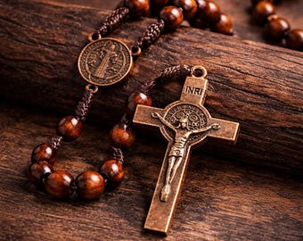 Wooden Rosary Car Charm – rearview mirror cross, catholic car accessory, saint benedict rosary, christian car charm, religious gift