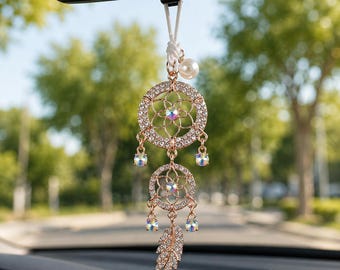 Dreamcatcher Car Charm – Rearview Mirror Hanging, Crystal Car Pendant, Aesthetic Car Decor, Rhinestone Charm, Cute Interior Accessory