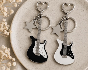 Guitar Keychain, Electric Guitar Keyring, Music Lover Gift, Black White Guitar Charm, Rock Band Keychain, Guitar Bag Charm