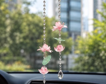 Colgante para espejo retrovisor con forma de loto rosa, accesorio colgante de cristal para coche, decoración floral para coche, atrapasoles de loto, bonito adorno para coche