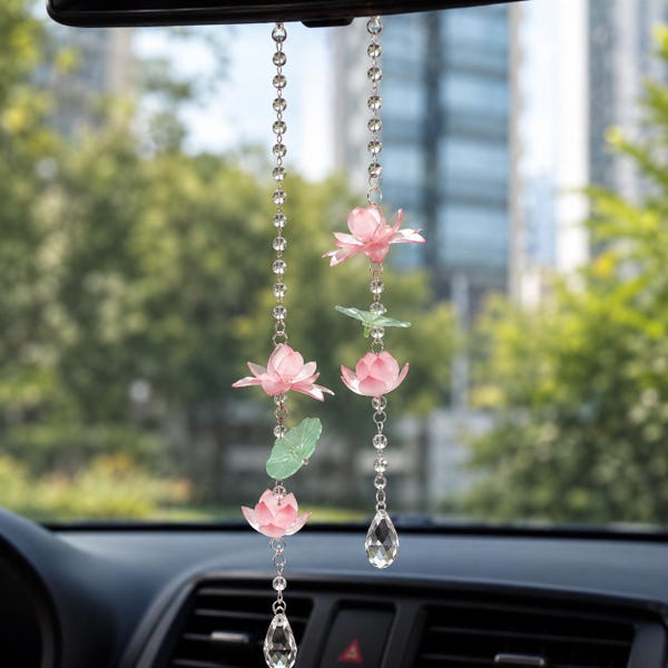 Pink Lotus Rear View Mirror Charm, Crystal Car Hanging Accessory, Floral Car Decor, Lotus Suncatcher, Cute Car Ornament