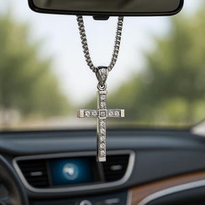 Crystal Cross Car Charm – Stainless Steel Rearview Mirror Decor