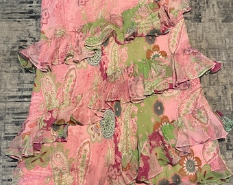 Lauren Ralph Lauren 100% Silk Paisley Ruffle Skirt Size L Pink Green Boho Fairycore