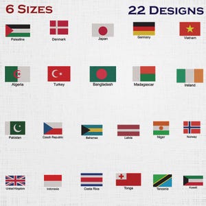 Op de afbeelding: Afbeelding met 22 vlagontwerpen van landen, waaronder Palestina, Denemarken, Japan en Duitsland. De tekst bovenaan luidt "6 MATEN" en "22 ONTWERPEN". Vlaggen zijn rechthoekig met verschillende kleuren en symbolen.
