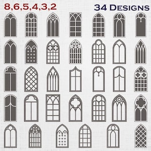 Puede incluir: Una colección de 34 diseños de ventanas de color gris oscuro dispuestos en una cuadrícula sobre un fondo gris claro. Las ventanas presentan diversos estilos arquitectónicos, incluyendo arcos apuntados, marcos rectangulares y patrones geométricos.