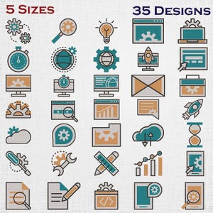 May include: A digital collection of 35 icons featuring teal and tan color schemes, including gears, magnifying glasses, lightbulbs, computers, rockets, envelopes, clouds, tools, and charts. The text 5 SIZES and 35 DESIGNS appears at the top.