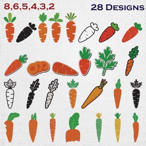 May include: A digital collection of 28 carrot designs featuring various styles including orange carrots with green tops, black silhouettes, white outlines, sliced carrot rounds, and individual green leafy tops in a grid layout with the text 8, 6, 5, 4, 3, 2 and 28 DESIGNS.