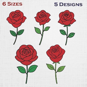 Könnte beinhalten: Illustration von fünf roten Rosenmotiven mit grünen Stielen und Blättern. Der Text oben lautet "6 GRÖSSEN" und "5 DESIGNS". Die Rosen befinden sich in verschiedenen Blühstadien und zeigen unterschiedliche Stile.