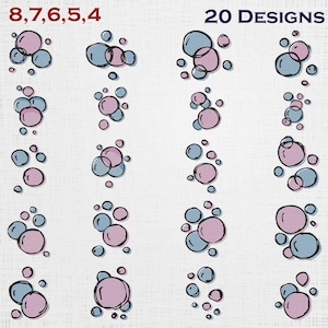 May include: A digital graphic set featuring 20 designs of hand-drawn bubble clusters in shades of light blue and soft pink. Each cluster consists of varying sizes of circles with dark outlines, arranged in a vertical grid on a light background.