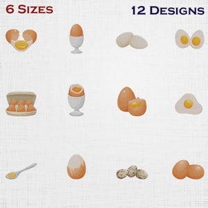 May include: An illustration featuring various depictions of eggs, including cracked eggs, eggs in egg cups, and a fried egg. The image includes the text "6 SIZES" and "12 DESIGNS". The eggs are in shades of brown and white.