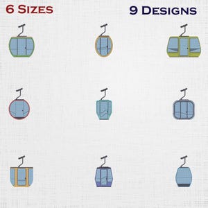 Puede incluir: Se muestran nueve diseños de teleféricos de diferentes formas y colores. La imagen incluye el texto "6 TAMAÑOS" y "9 DISEÑOS" en la parte superior. Los teleféricos son de varios colores, incluyendo azul, verde, amarillo y morado.