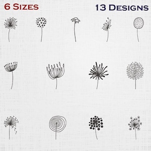 May include: A collection of 13 minimalist floral designs in black ink on a white background. The text "6 SIZES" and "13 DESIGNS" are displayed at the top. The designs include various styles of flowers and seed heads, perfect for crafting or design projects.