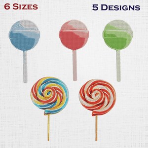 May include: Embroidered lollipop designs in blue, red, and green, along with two spiral lollipops in yellow, blue, and red, and red and white. The image shows 6 sizes and 5 designs.
