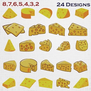 Può includere: Una collezione di 24 illustrazioni di formaggio giallo con varie forme, tra cui spicchi, blocchi e forme intere con buchi. Il testo 8, 7, 6, 5, 4, 3, 2 e 24 DESIGNS è stampato in rosso scuro e blu scuro nella parte superiore.