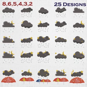 May include: A digital collection of 25 designs featuring dark gray clouds with various weather elements including rain, snow, yellow crescent moons, and yellow stars. The bottom row includes red and blue umbrellas beneath the clouds. Text reads 8, 6, 5, 4, 3, 2 and 25 DESIGNS.