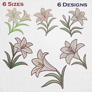 Könnte beinhalten: Illustration von sechs verschiedenen Designs weißer Lilienblüten mit grünen Stielen und Blättern. Der Text "6 GRÖSSEN" und "6 DESIGNS" befindet sich oben im Bild. Die Lilien haben gelbe Staubgefäße und sind vor einem strukturierten weißen Hintergrund angeordnet.