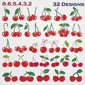 May include: A digital collection of 32 cherry designs featuring various arrangements of red cherries with green stems and leaves. Some cherries are paired, others are in clusters, and some include pink bows. The text 8, 6, 5, 4, 3, 2 and 32 DESIGNS appears.