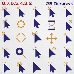 May include: A collection of 25 digital cursor designs arranged in a grid. The icons feature dark blue arrow pointers paired with gold-colored interactive elements like circles, waves, clocks, and an hourglass. Text reads 8, 7, 6, 5, 4, 3, 2 and 25 DESIGNS.
