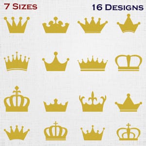 Puede incluir: Una colección de 16 iconos de coronas doradas dispuestos en una cuadrícula, con diversas formas y estilos. El texto 7 SIZES aparece en la esquina superior izquierda y 16 DESIGNS en la esquina superior derecha sobre un fondo texturizado claro.
