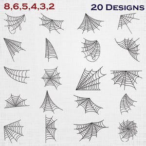 May include: A collection of 20 black line art spider web designs arranged in a grid. The graphic set includes various corner, edge, and circular web patterns. The text 8, 6, 5, 4, 3, 2 and 20 DESIGNS is printed in dark red and dark blue at the top.