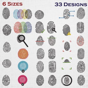 May include: A digital collection of 33 fingerprint icons in 6 sizes, featuring various black line-art patterns on a light background. Some icons include colored circles, magnifying glasses, checkmarks, warning triangles, and scanning frame graphics.